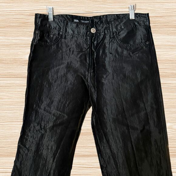 Zara NEW Black Wide Leg Jeans Sz 6/30 Womens Cotton Waxed or Silky Wash Unique - Picture 2 of 9